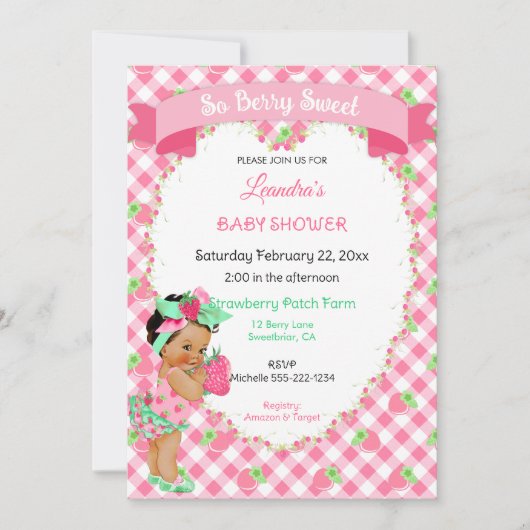 Aardbei Thema Baby Meisje Gingham Roze Mint Kaart (Voorkant)