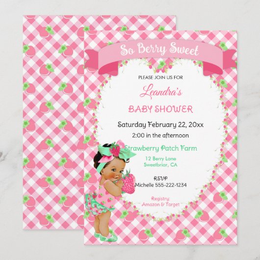 Aardbei Thema Baby Meisje Gingham Roze Mint Kaart (Voorkant / Achterkant)