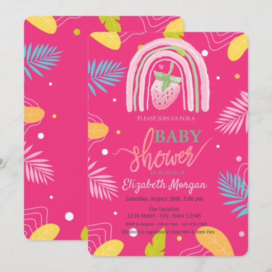Aardbei Tropische bladeren Roze Baby shower Kaart (Voorkant / Achterkant)