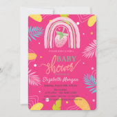 Aardbei Tropische bladeren Roze Baby shower Kaart (Voorkant)