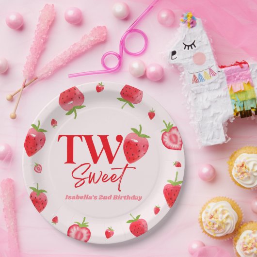 Aardbei Twee Zoet Roze Rood 2e Verjaardagsfeest Papieren Bordje (Feest)