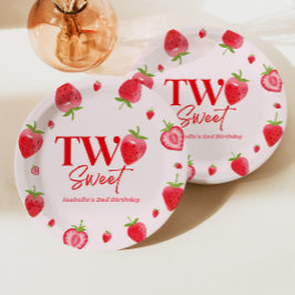 Aardbei Twee Zoet Roze Rood 2e Verjaardagsfeest Papieren Bordje