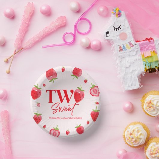 Aardbei Twee Zoet Roze Rood 2e Verjaardagsfeest Papieren Kommen (Feest)