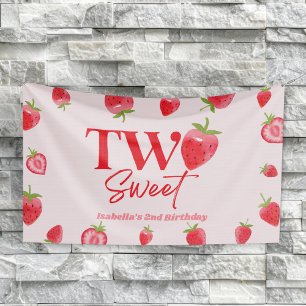 Aardbei Twee Zoet Roze Rood 2e Verjaardagsfeest Spandoek