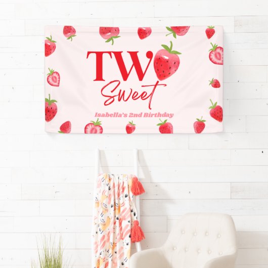 Aardbei Two Sweet Roze Rode 2de Verjaardagsfeestje Spandoek (Insitu)