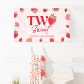 Aardbei Two Sweet Roze Rood 2de Verjaardagsfeestje Spandoek (Insitu)