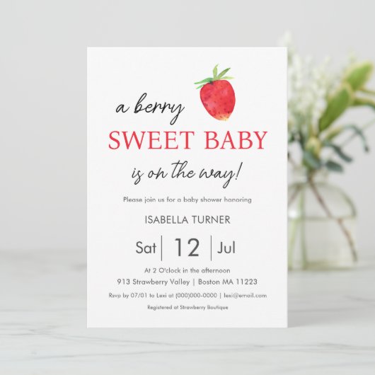 Aardbei | Uitnodiging tot Baby shower van Berry Sw (Staand voorkant)
