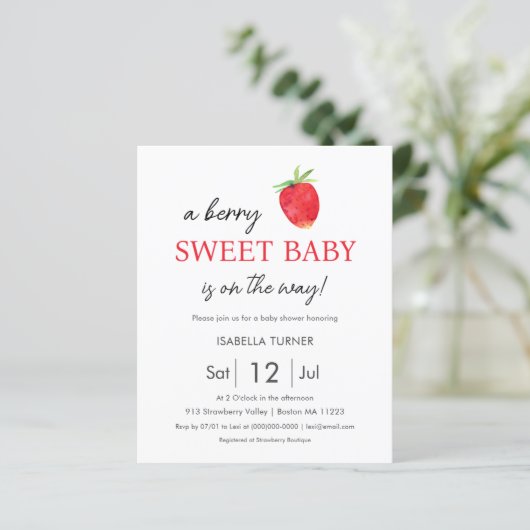 Aardbei | Uitnodiging tot Baby shower van Berry Sw (Staand voorkant)