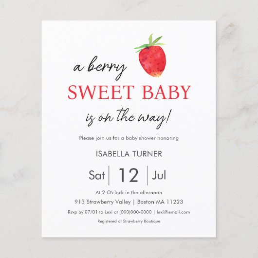 Aardbei | Uitnodiging tot Baby shower van Berry Sw (Voorkant)