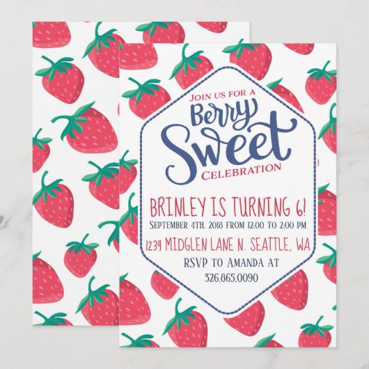 Aardbei Uitnodiging voor Meisjes Summer Party (Voorkant / Achterkant)