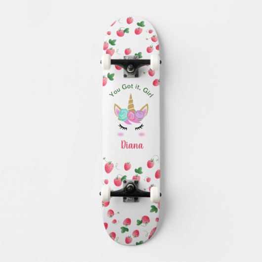 Aardbei Unicorn skateboard met naam (Voorkant)