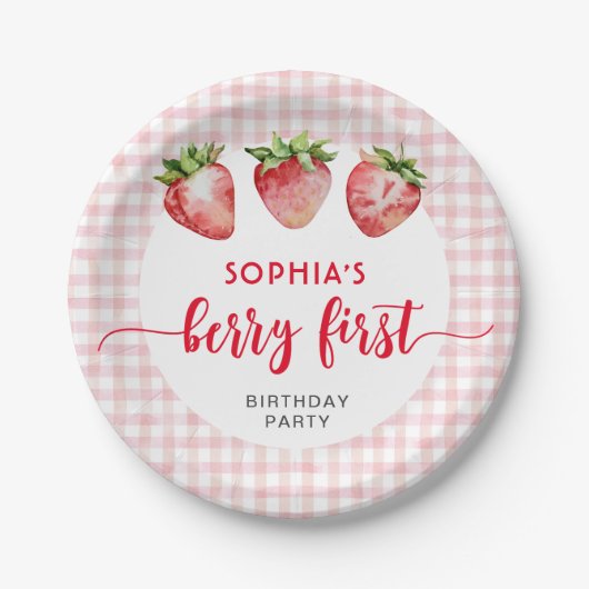 Aardbei Verjaardag Berry First Papieren Bordje (Voorkant)