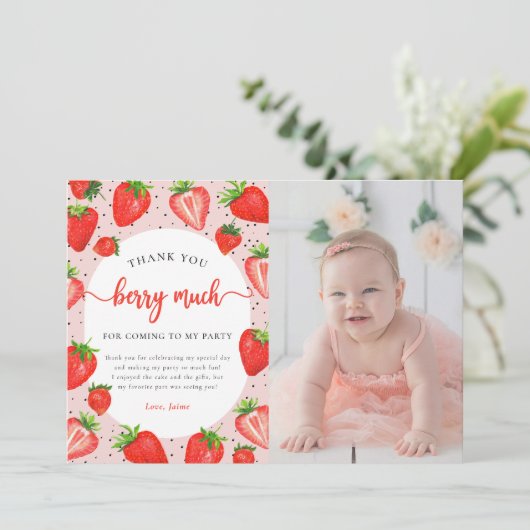 Aardbei Verjaardag Foto Dank u Berry Much Bedankkaart (Staand voorkant)