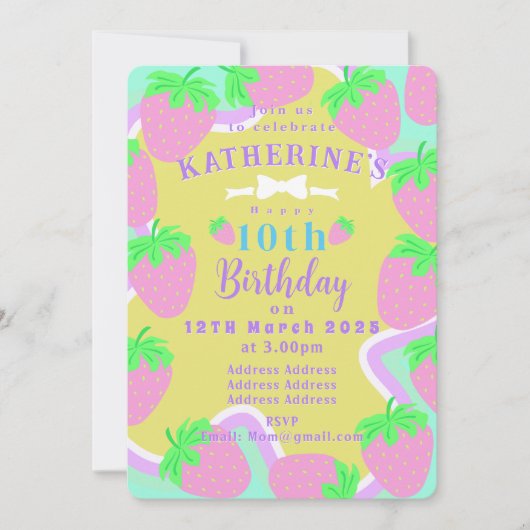 Aardbei Verjaardag Groen Blauw Uitnodigingskaart Feestdagenkaart (Voorkant)