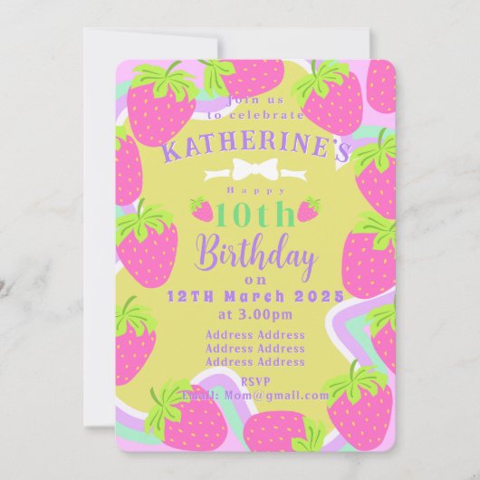 Aardbei Verjaardag Groen Roze Uitnodigingskaart Feestdagenkaart (Voorkant)