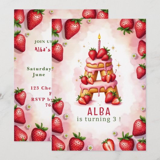 Aardbei Verjaardag Nodig Letter A Cake Design uit Kaart (Voorkant / Achterkant)