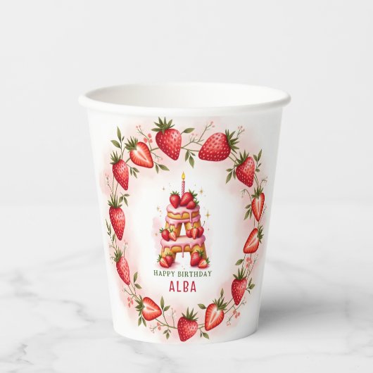 Aardbei Verjaardag Papier Cup Letter A Cake Papieren Bekers (Voorkant)