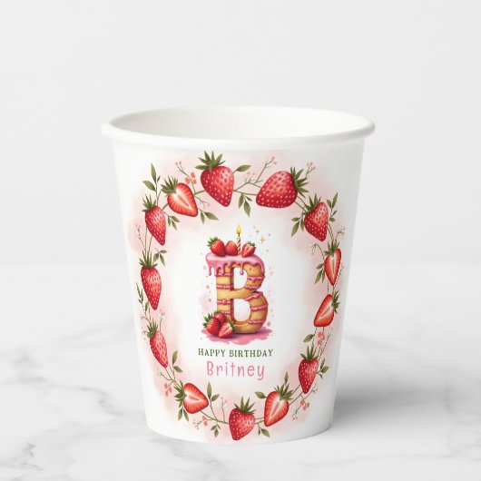 Aardbei Verjaardag Papier Cup Letter B Cake Papieren Bekers (Voorkant)