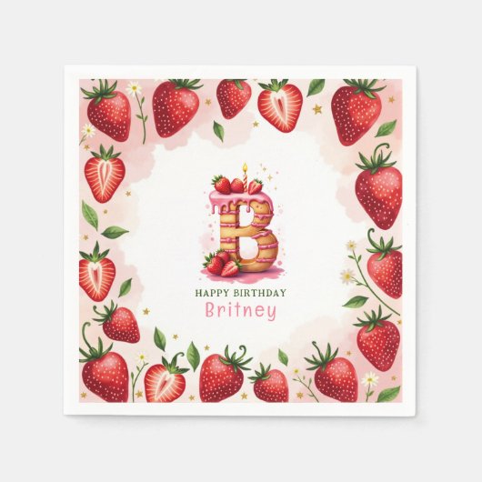 Aardbei Verjaardag Papier Servet Letter B Cake (Voorkant)