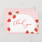 Aardbei verjaardag roze geruite bes bedankkaart (Voorkant / Achterkant)