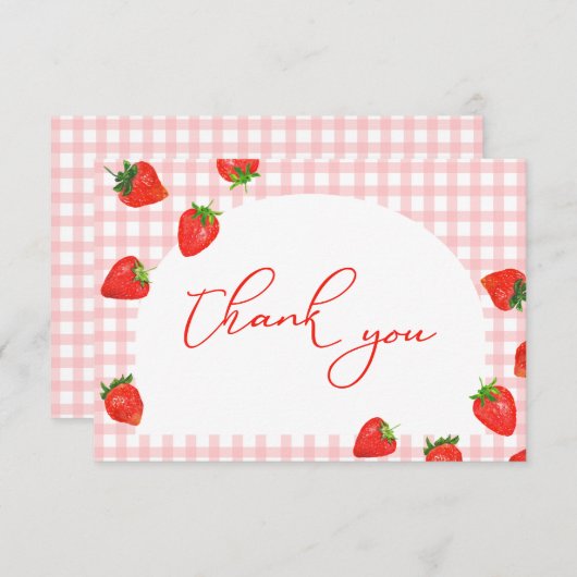 Aardbei verjaardag roze geruite bes bedankkaart (Voorkant / Achterkant)