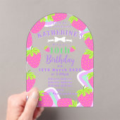 Aardbei Verjaardag Roze Uitnodigingskaart Acryl Uitnodigingen (Insitu (Draagbaar))