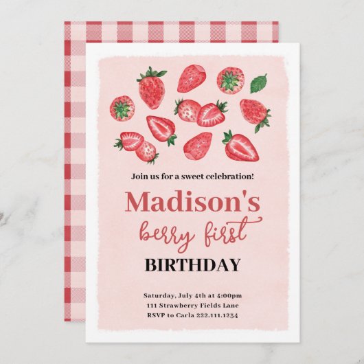 Aardbei verjaardag uitnodiging, Berry Sweet Party Kaart (Voorkant / Achterkant)
