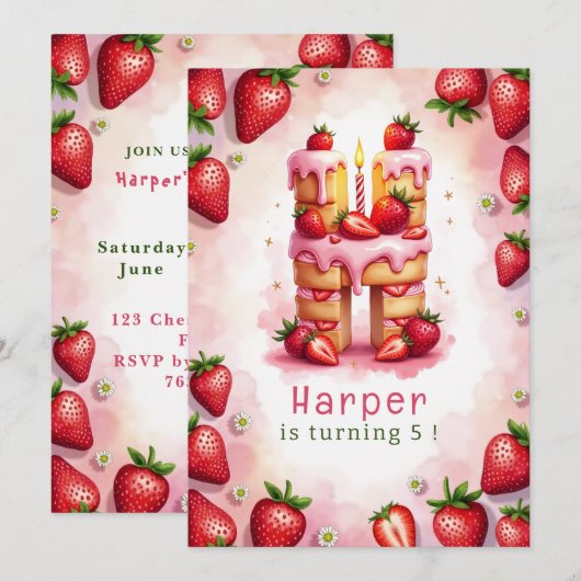 Aardbei Verjaardag Uitnodiging Letter H Cake Theme (Voorkant / Achterkant)