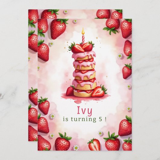 Aardbei Verjaardag Uitnodiging Letter I Cake Theme (Voorkant / Achterkant)