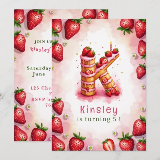 Aardbei Verjaardag Uitnodiging Letter K Cake Theme (Voorkant / Achterkant)