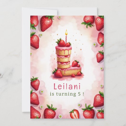 Aardbei Verjaardag Uitnodiging Letter L Cake Theme (Voorkant)