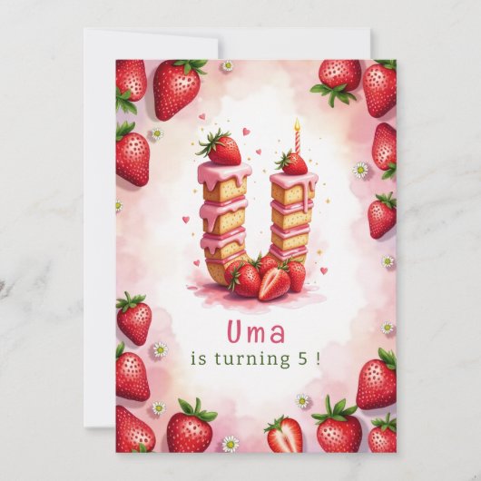 Aardbei Verjaardag Uitnodiging Letter U Cake Theme (Voorkant)