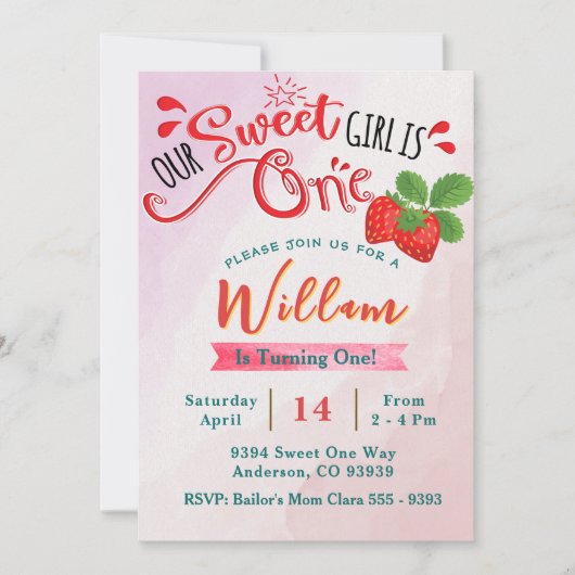 Aardbei verjaardag uitnodiging | Lief meisje (Voorkant)