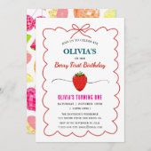 Aardbei verjaardagsfeestje Berry eerste uitnodigin Kaart (Voorkant / Achterkant)