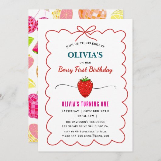 Aardbei verjaardagsfeestje Berry eerste uitnodigin Kaart (Voorkant / Achterkant)