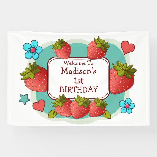 Aardbei verjaardagsfeestje gepersonaliseerd spandoek (Horizontaal)