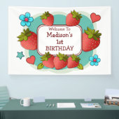 Aardbei verjaardagsfeestje gepersonaliseerd spandoek (Beurs)