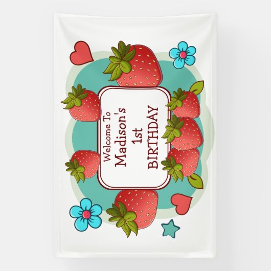 Aardbei verjaardagsfeestje gepersonaliseerd spandoek (Verticaal)