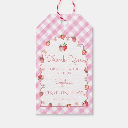 Aardbei verjaardagsfeestje golvend dank je cadeaulabel (Voorkant)