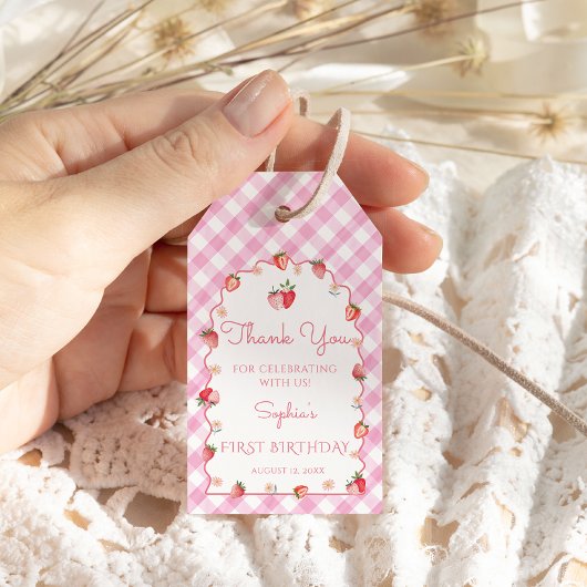 Aardbei verjaardagsfeestje golvend dank je cadeaulabel