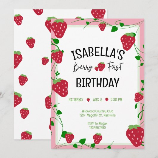 Aardbei verjaardagsfeestje nodigt Berry Summer Kaart (Voorkant / Achterkant)