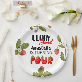 Aardbei vierde verjaardag papieren bordje