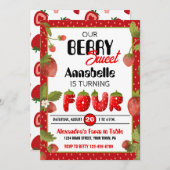 Aardbei Vierde Verjaardagsfeestuitnodiging Kaart (Voorkant / Achterkant)