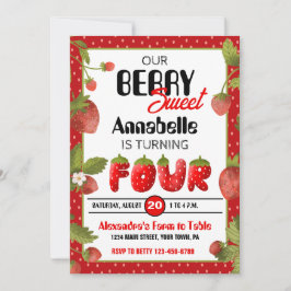 Aardbei Vierde Verjaardagsfeestuitnodiging Kaart