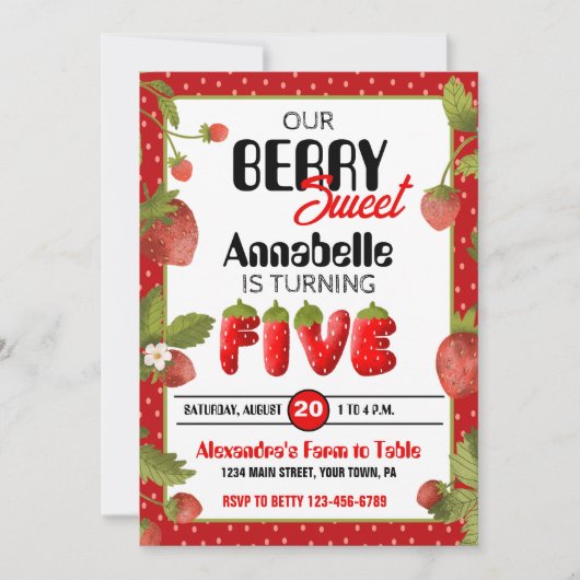 Aardbei Vijf Verjaardagsfeestuitnodiging Kaart (Voorkant)