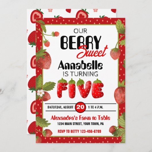 Aardbei Vijf Verjaardagsfeestuitnodiging Kaart (Voorkant / Achterkant)