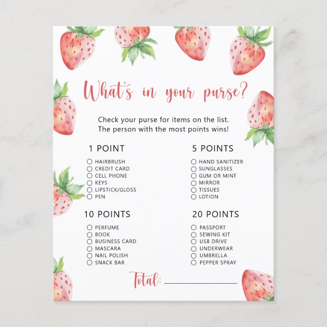 Aardbei - Wat zit er in je tas baby shower spel (Voorkant)