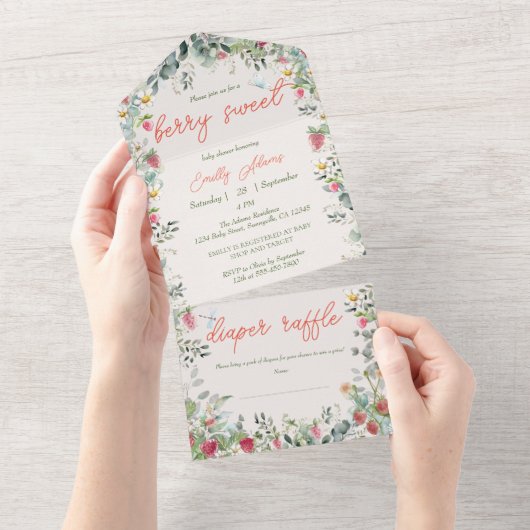 Aardbei Waterverf Genderneutraal Baby shower All In One Uitnodiging (Afscheurbaar)