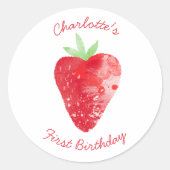 Aardbei Waterverf gepersonaliseerde eerste verjaar Ronde Sticker (Voorkant)
