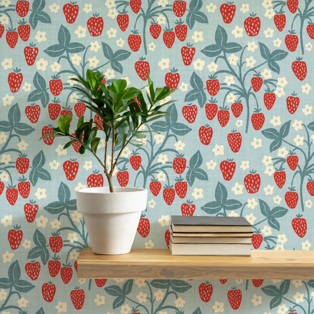 Aardbei Wingerd Cottage Stijl Behang (Vintage inspired strawberry plant pattern wallpaper)